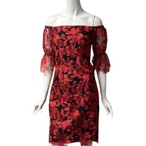 Trina Turk Off The Shoulder Red & Black Lace Floral print Dress